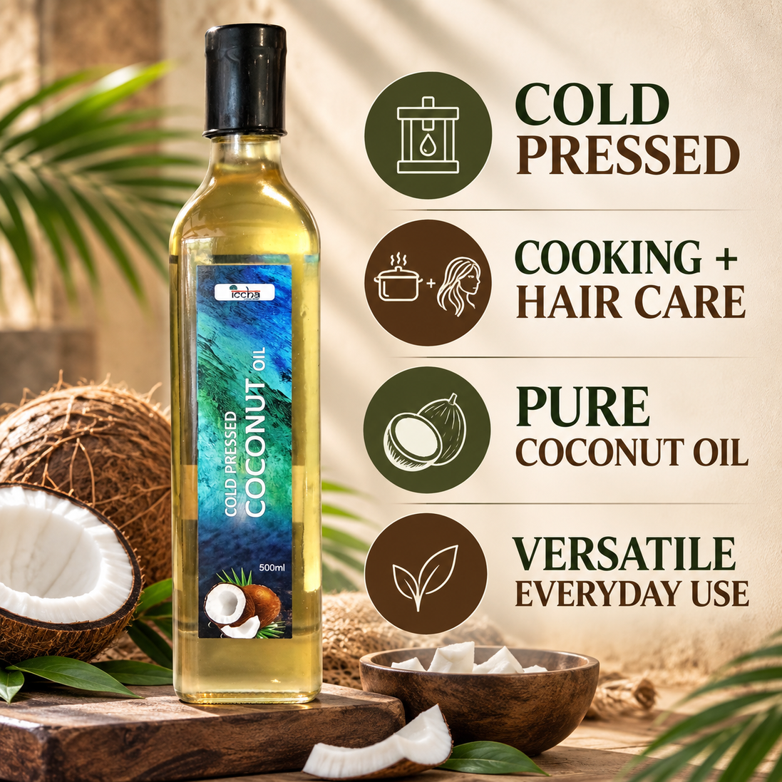 Iccha Cold Pressed Coconut Oil – Pure Coconut Cooking & Hair Oil