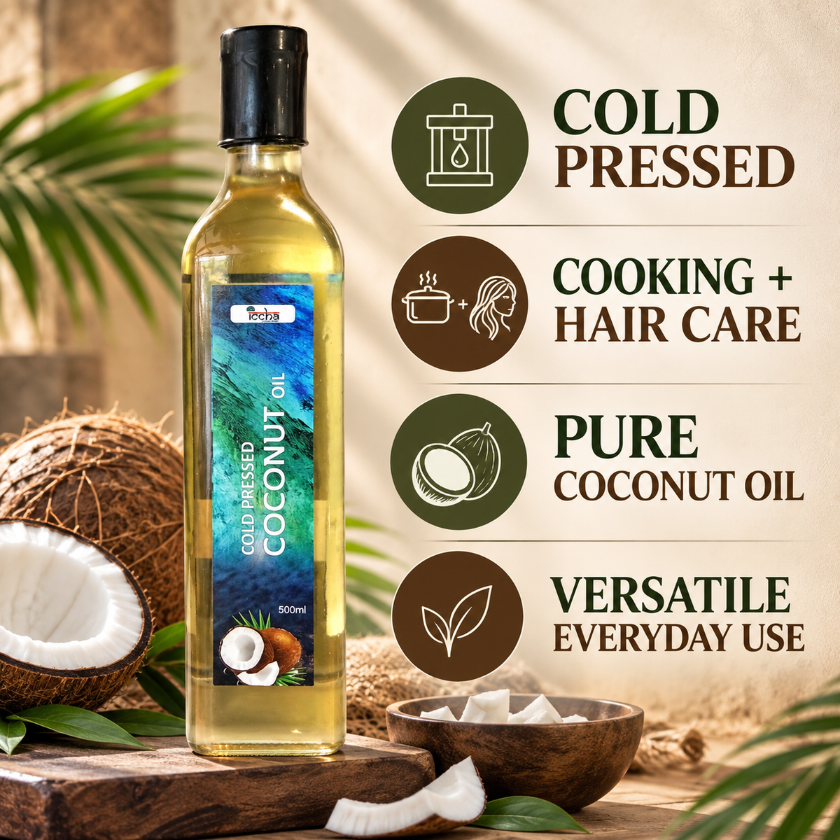 Iccha Cold Pressed Coconut Oil – Pure Coconut Cooking & Hair Oil