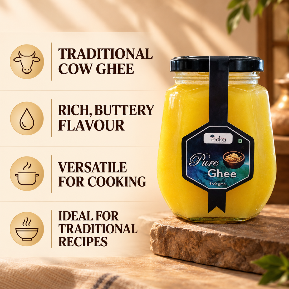 Iccha Pure Cow Ghee – Grass-Fed Cow Ghee for Cooking, Pooja & Traditional Recipes