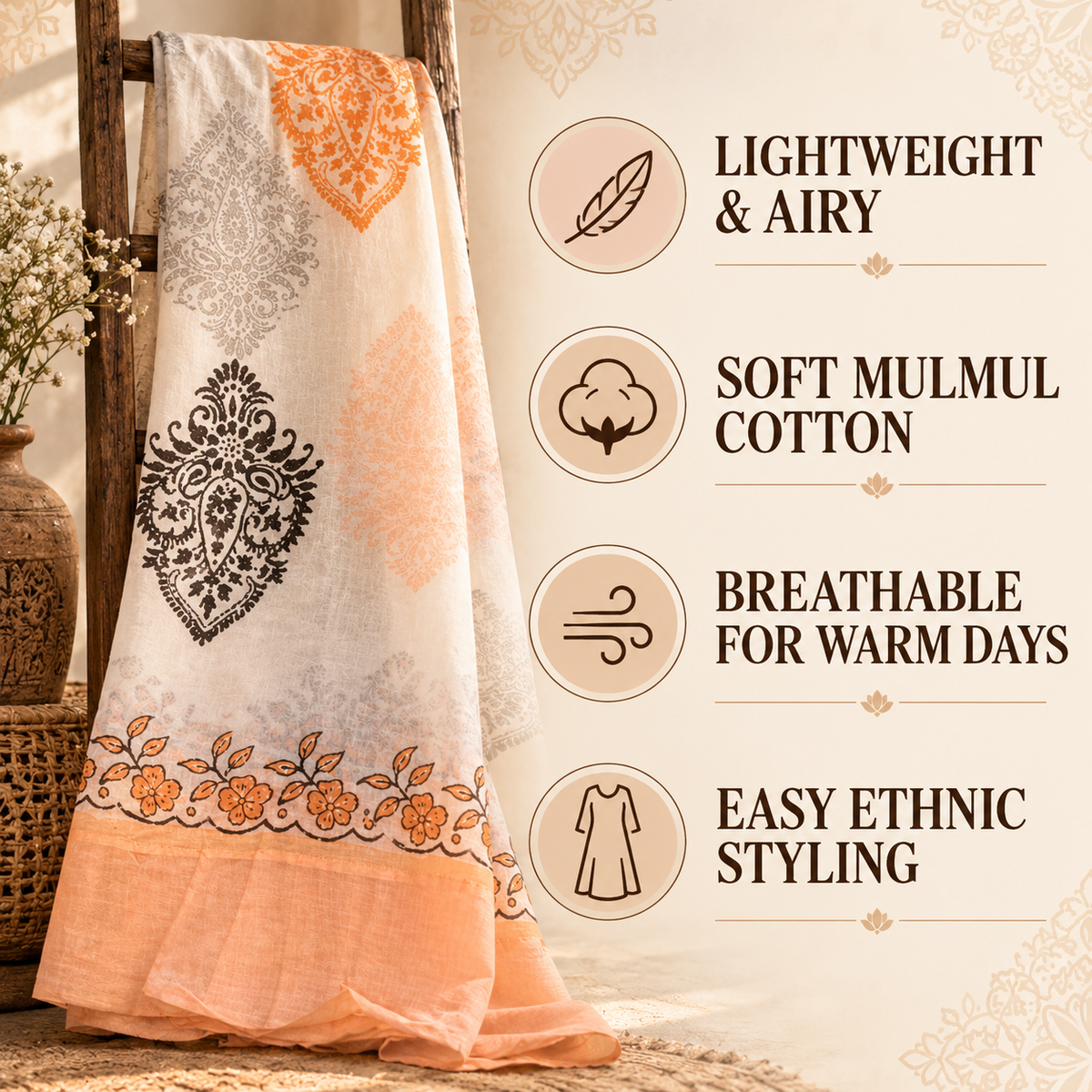 Iccha Block Printed Mulmul Cotton Dupatta – Lightweight