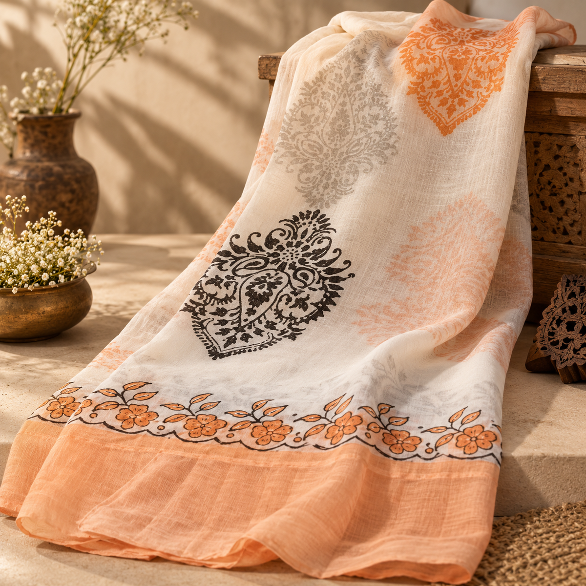 Iccha Block Printed Mulmul Cotton Dupatta – Lightweight