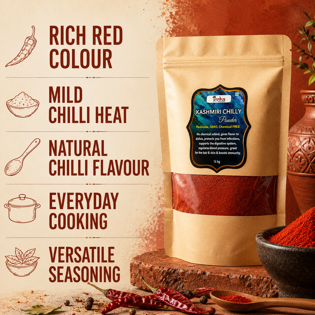 Iccha Organic Kashmiri Chilli Powder – Rich Red Colour, Mild Heat & Natural Flavour
