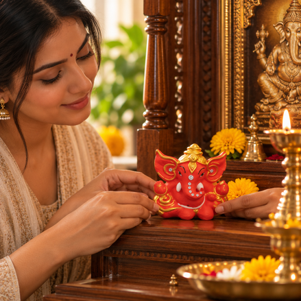 Iccha Red & Gold Ganesha Idol | Mini Ganesh Murti (6 cm)