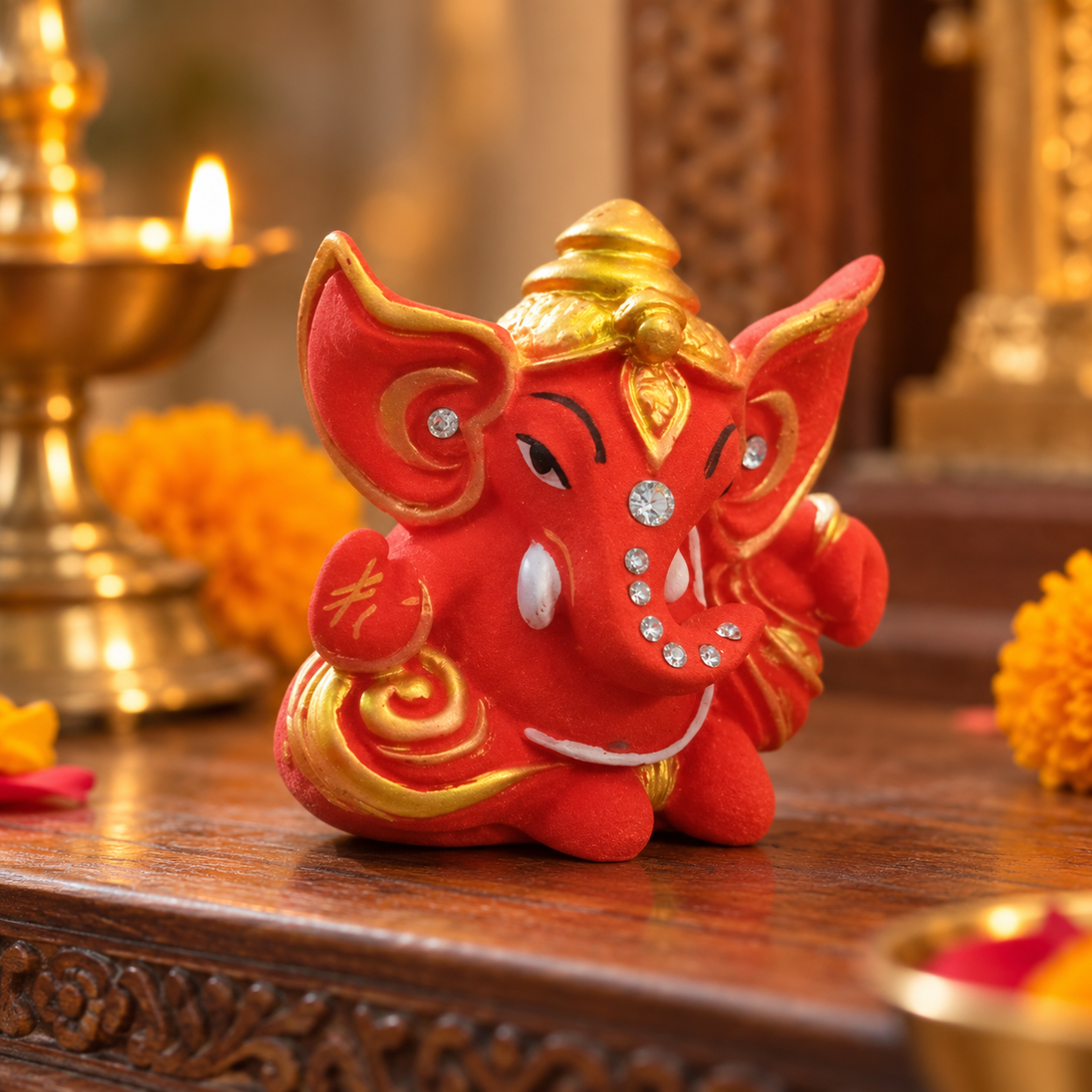 Iccha Red & Gold Ganesha Idol | Mini Ganesh Murti (6 cm)