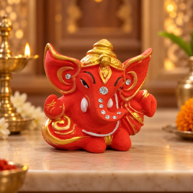 Iccha Red & Gold Ganesha Idol | Mini Ganesh Murti (6 cm)