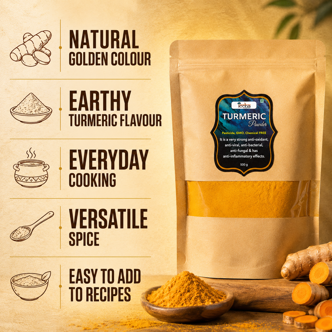 Iccha Forest Turmeric Powder – Natural Antioxidant-Rich Spice for Cooking & Wellness
